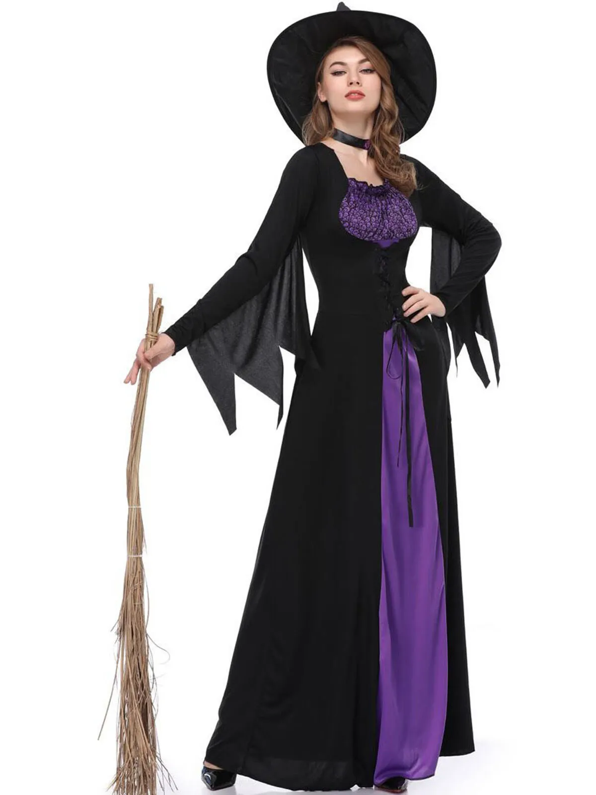 Solid Patchwork Halloween Cosplay Wizard Square Neck Batwing A-line Dress Including Hat, Collar, 1 of 11