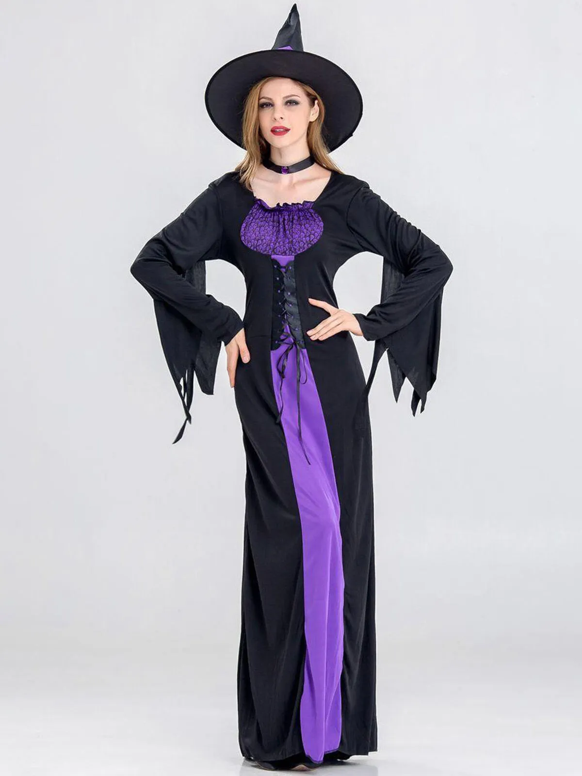 Solid Patchwork Halloween Cosplay Wizard Square Neck Batwing A-line Dress Including Hat, Collar, 10 of 11