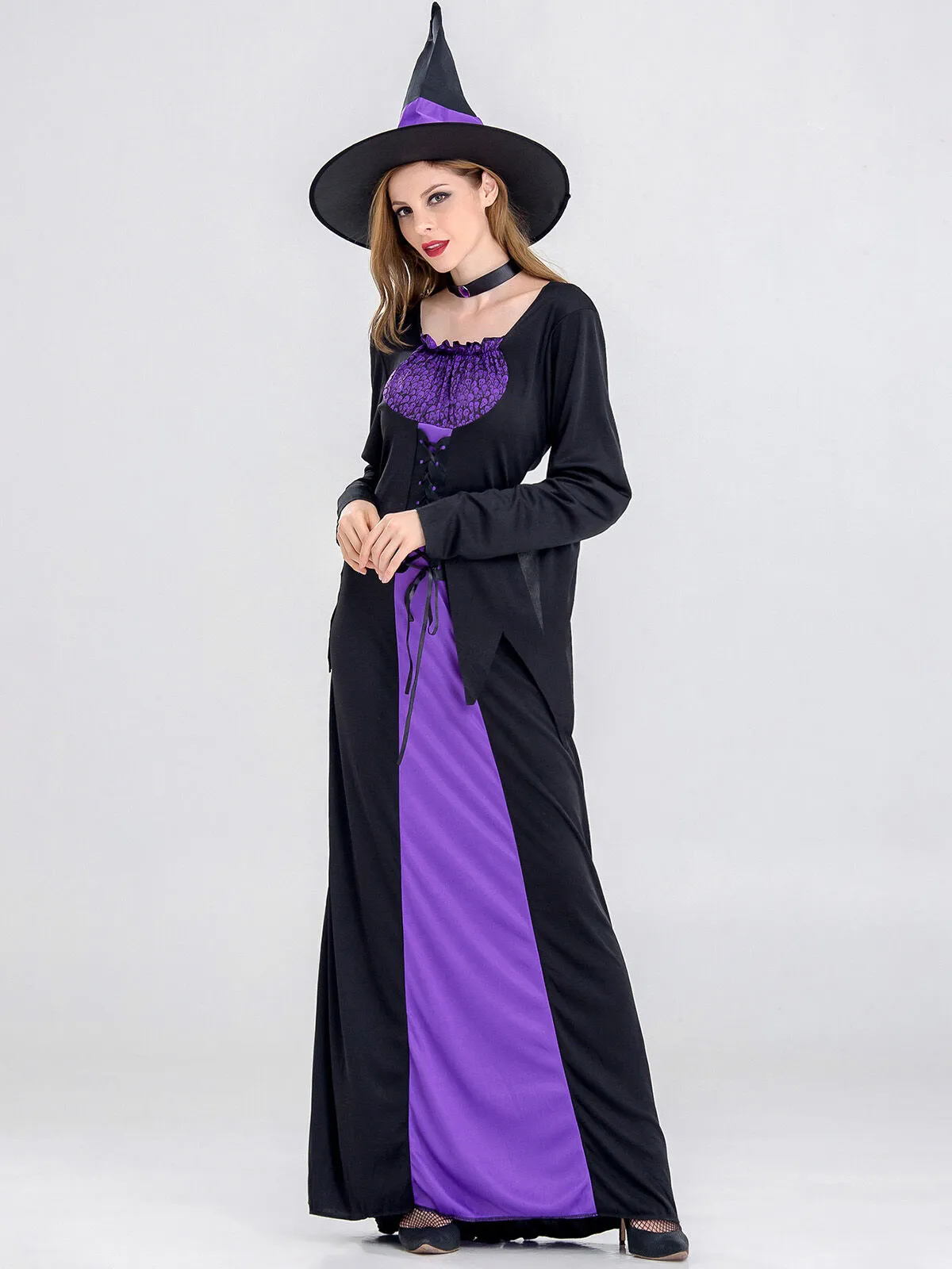 Solid Patchwork Halloween Cosplay Wizard Square Neck Batwing A-line Dress Including Hat, Collar, 11 of 11