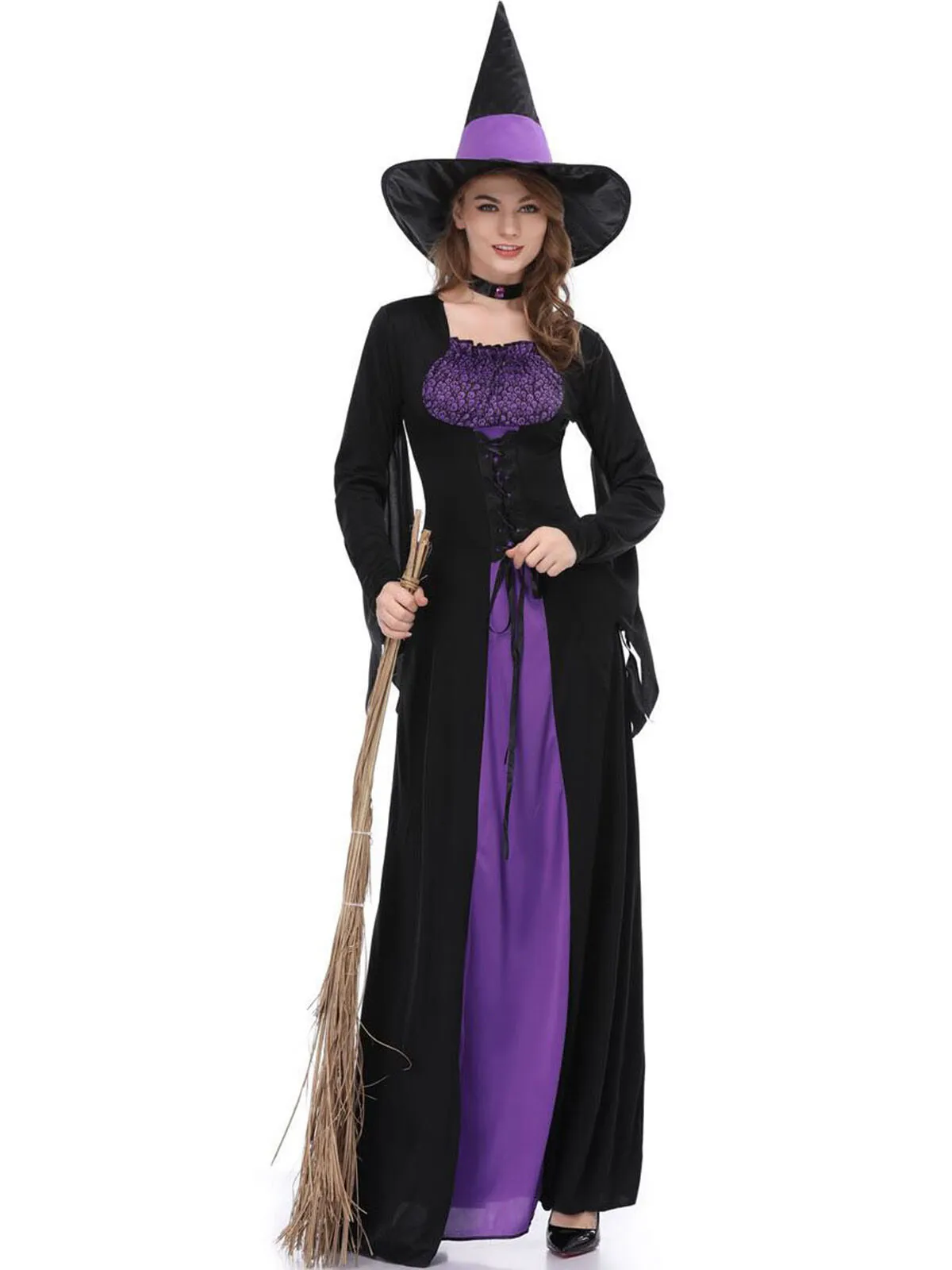 Solid Patchwork Halloween Cosplay Wizard Square Neck Batwing A-line Dress Including Hat, Collar, 3 of 11
