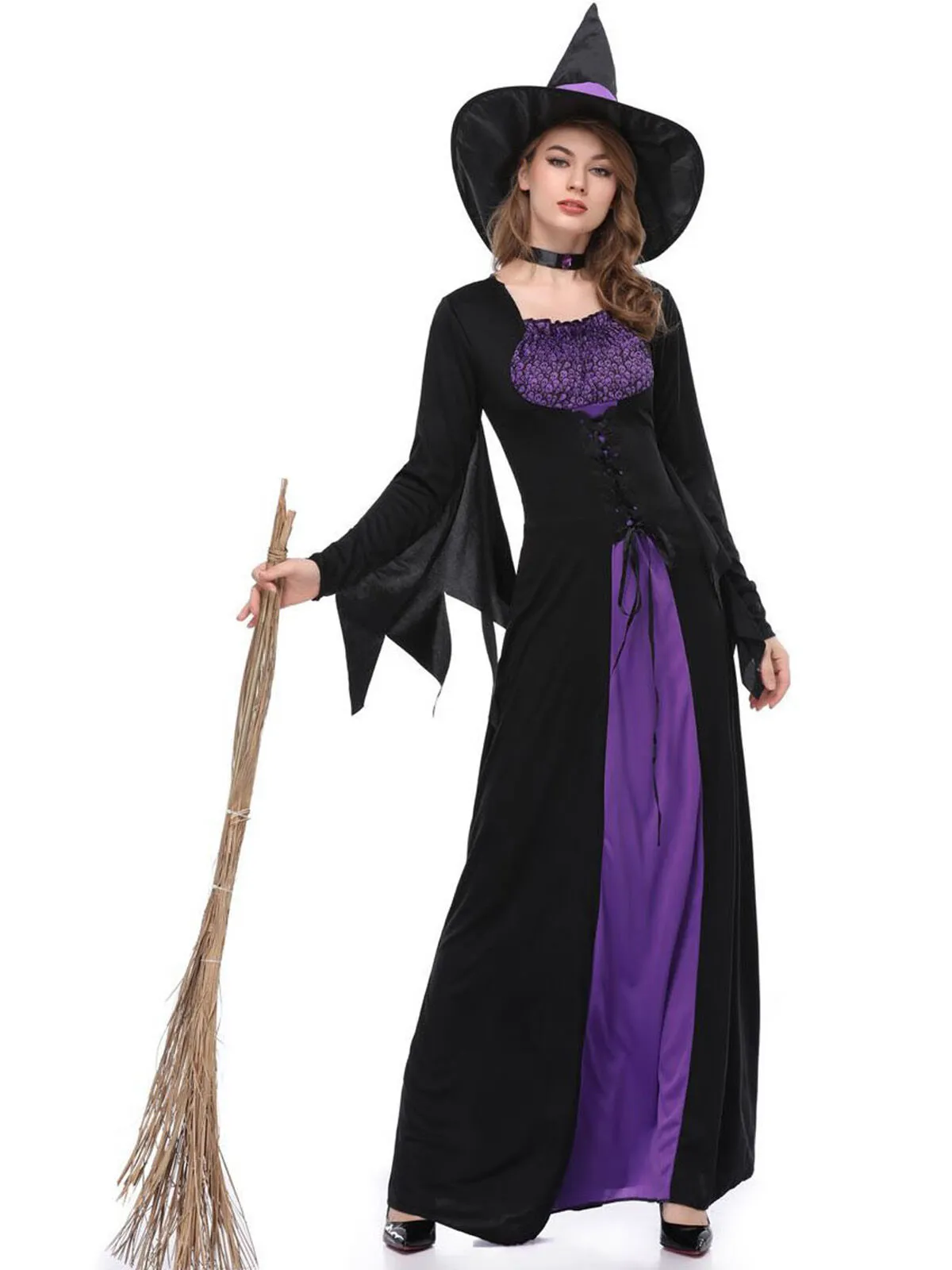 Solid Patchwork Halloween Cosplay Wizard Square Neck Batwing A-line Dress Including Hat, Collar, 5 of 11