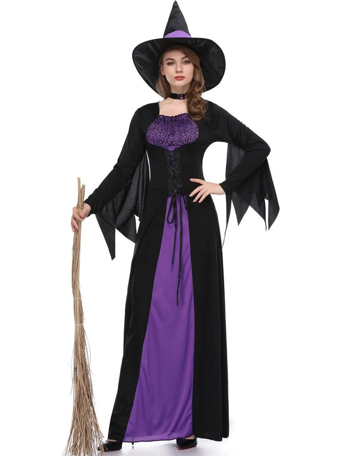Solid Patchwork Halloween Cosplay Wizard Square Neck Batwing A-line Dress Including Hat, Collar, 6 of 11