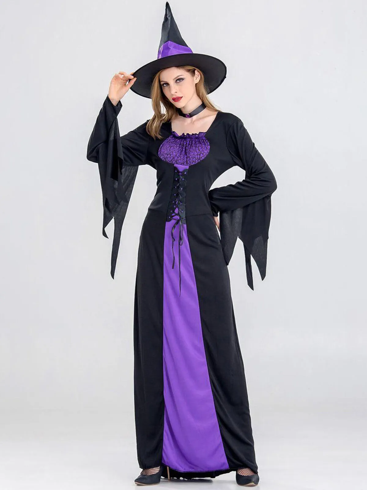 Solid Patchwork Halloween Cosplay Wizard Square Neck Batwing A-line Dress Including Hat, Collar, 7 of 11