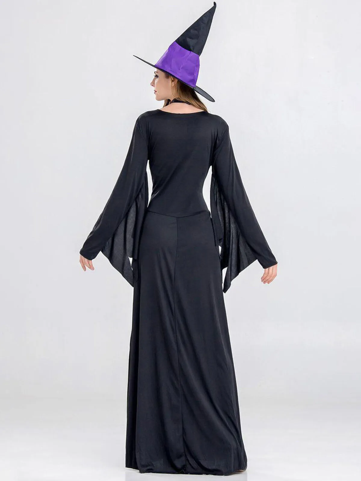 Solid Patchwork Halloween Cosplay Wizard Square Neck Batwing A-line Dress Including Hat, Collar, 8 of 11