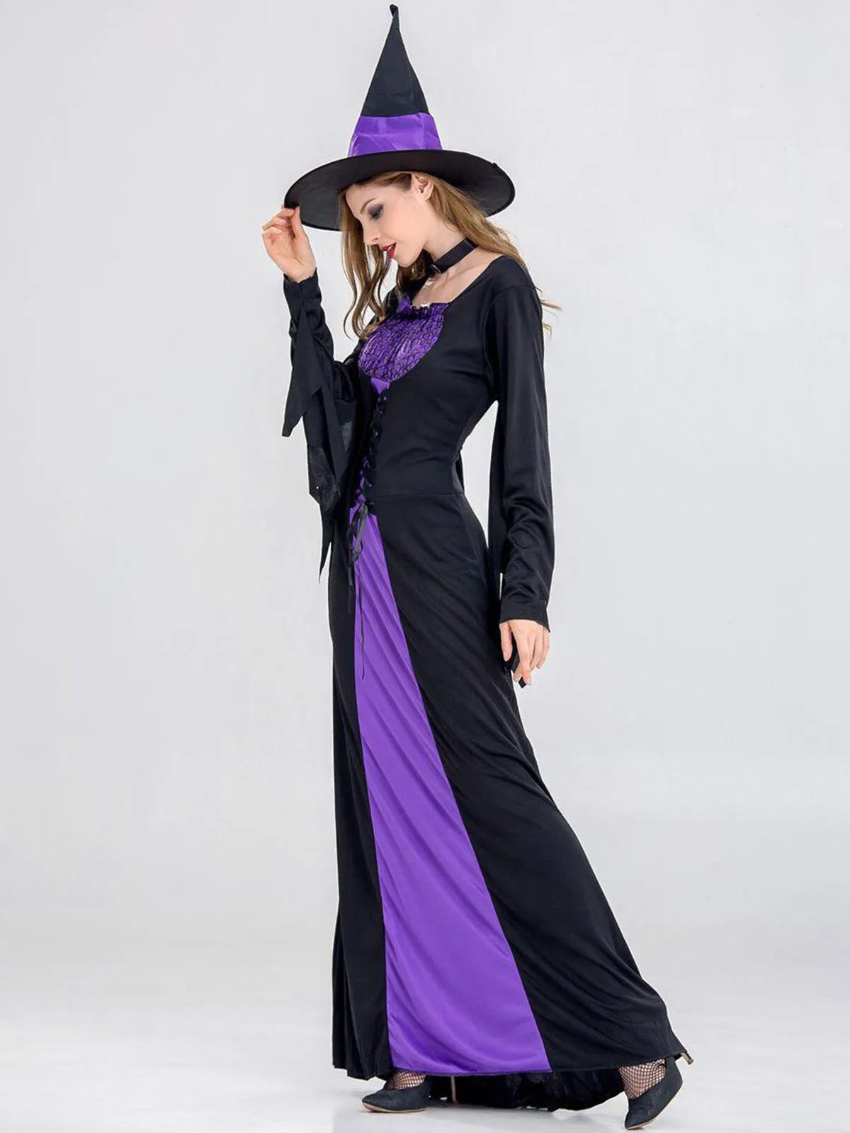 Solid Patchwork Halloween Cosplay Wizard Square Neck Batwing A-line Dress Including Hat, Collar, 9 of 11