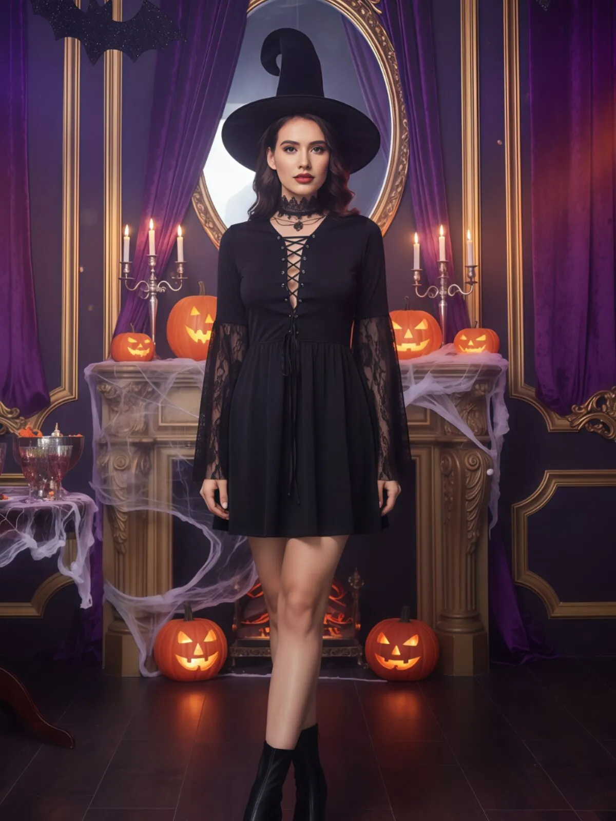 3pcs Solid Halloween Cosplay Wizard Floral Lace V-neck Lace up Flare A-line Dress Accessories Included, 1 of 10
