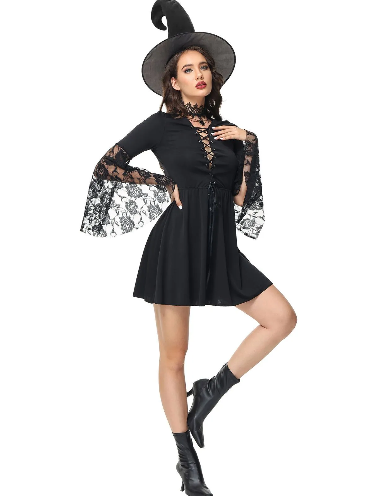 3pcs Solid Halloween Cosplay Wizard Floral Lace V-neck Lace up Flare A-line Dress Accessories Included, 2 of 10