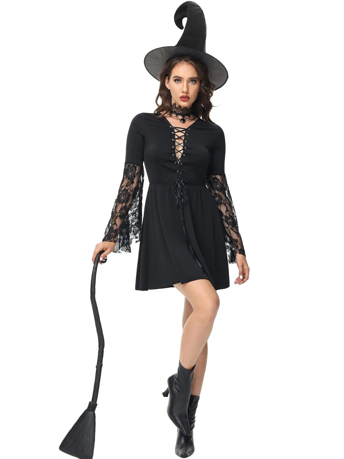 3pcs Solid Halloween Cosplay Wizard Floral Lace V-neck Lace up Flare A-line Dress Accessories Included, 3 of 10