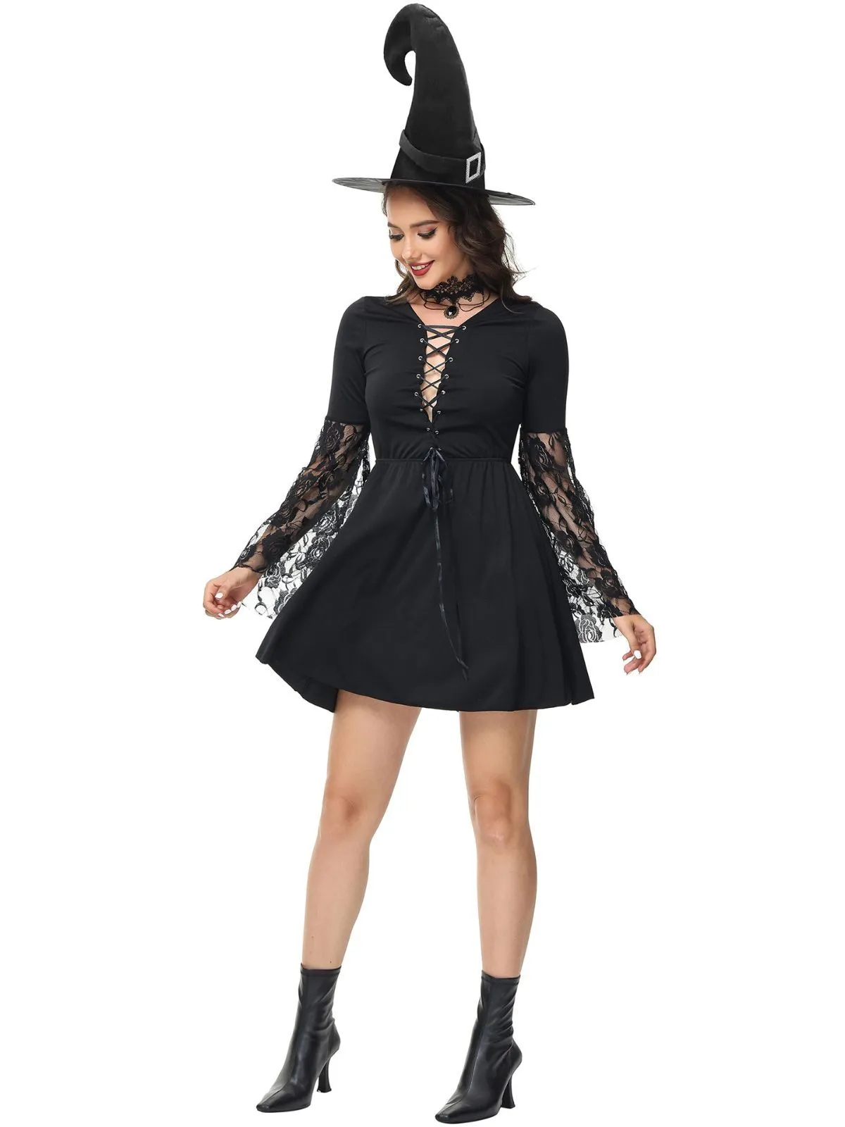 3pcs Solid Halloween Cosplay Wizard Floral Lace V-neck Lace up Flare A-line Dress Accessories Included, 4 of 10