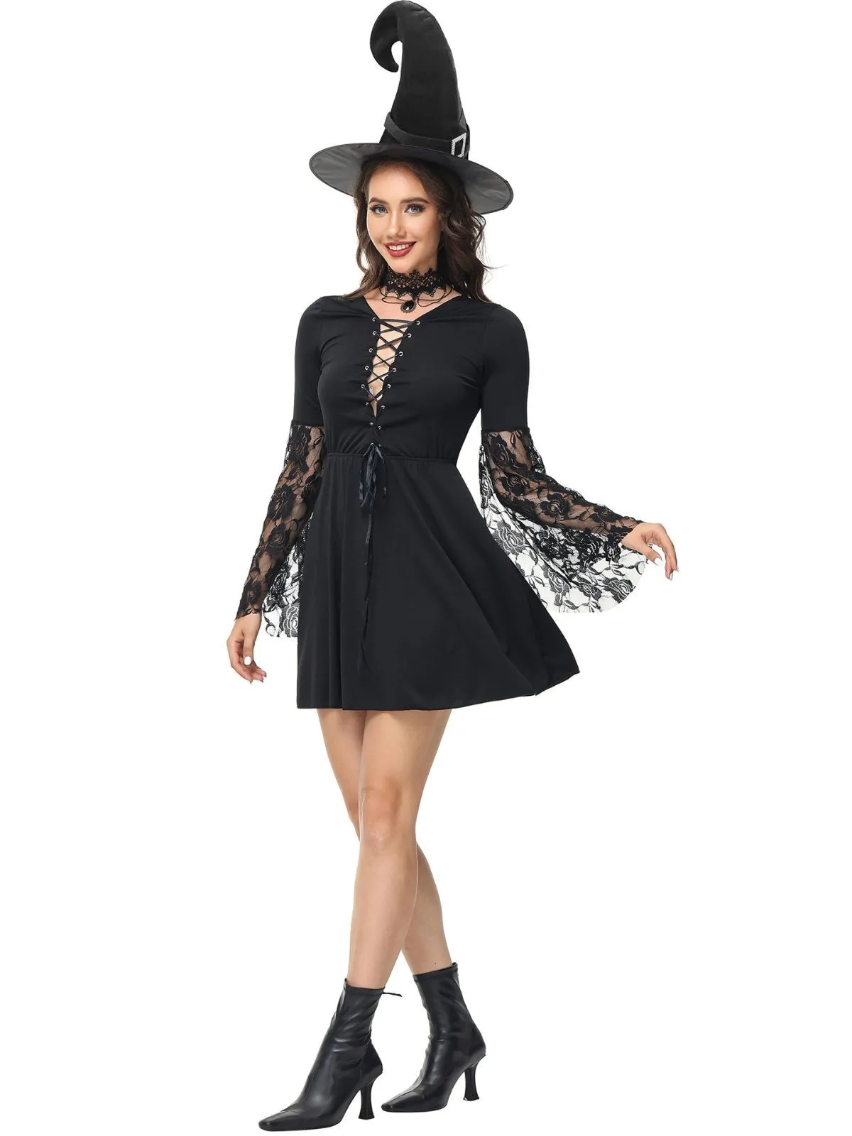 3pcs Solid Halloween Cosplay Wizard Floral Lace V-neck Lace up Flare A-line Dress Accessories Included, 6 of 10