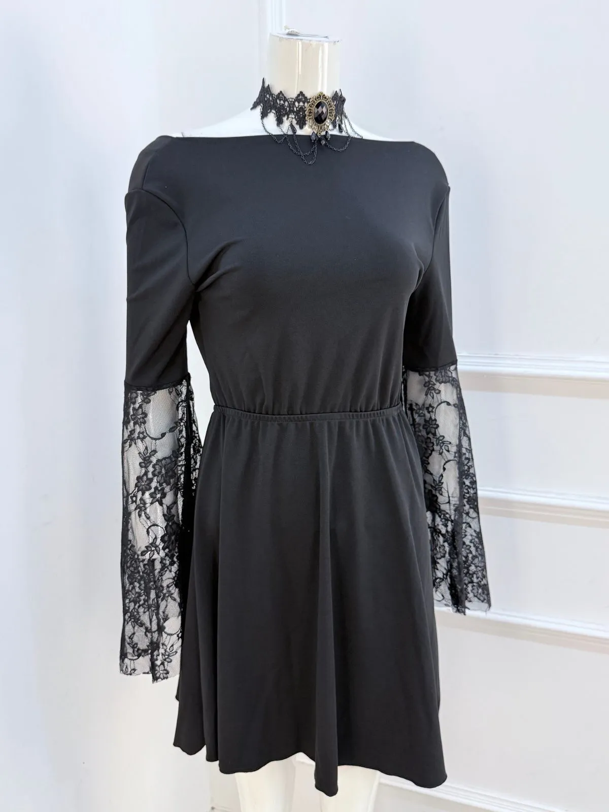 3pcs Solid Halloween Cosplay Wizard Floral Lace V-neck Lace up Flare A-line Dress Accessories Included, 9 of 10