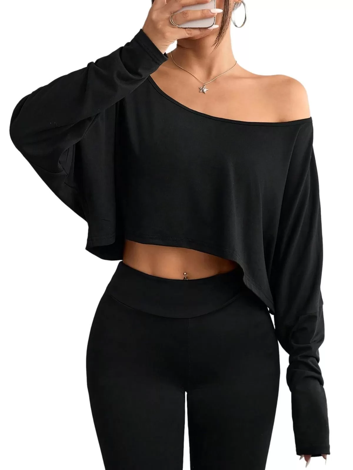 Solid Round Neck Drop Shoulder Casual Long Sleeve Crop T-shirt  for All Seasons, 1 of 5