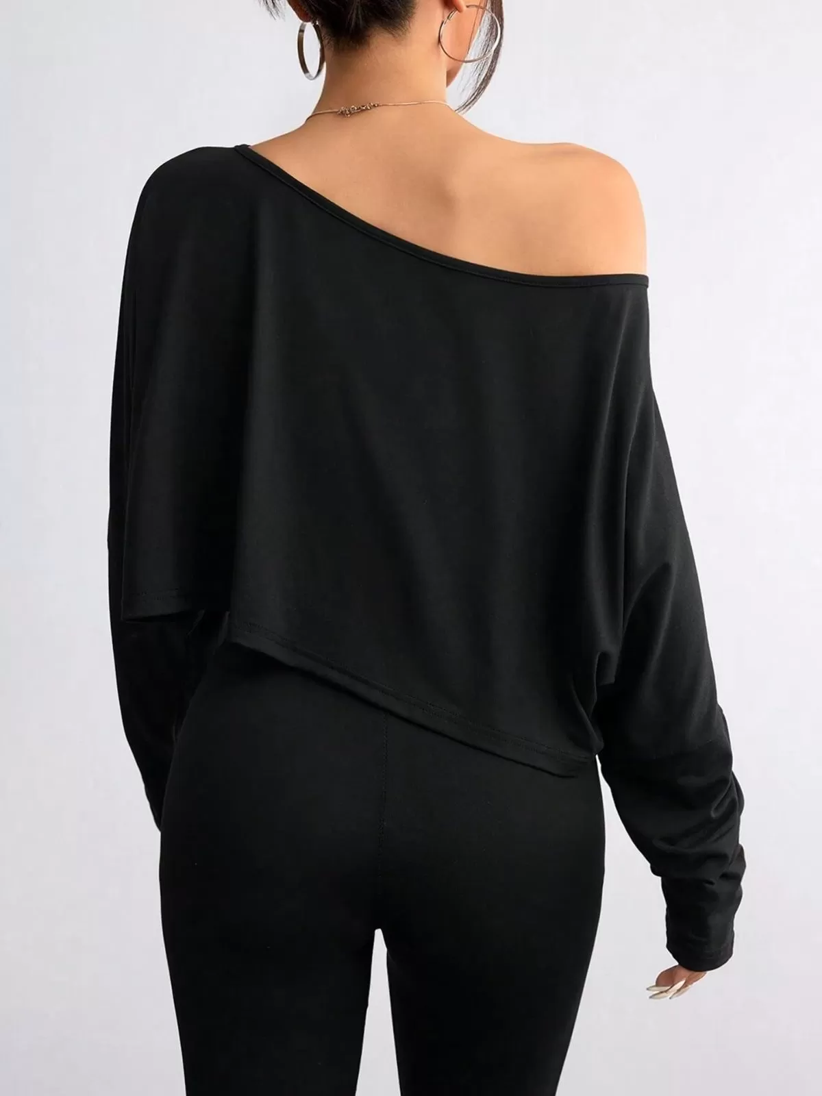 Solid Round Neck Drop Shoulder Casual Long Sleeve Crop T-shirt  for All Seasons, 2 of 5
