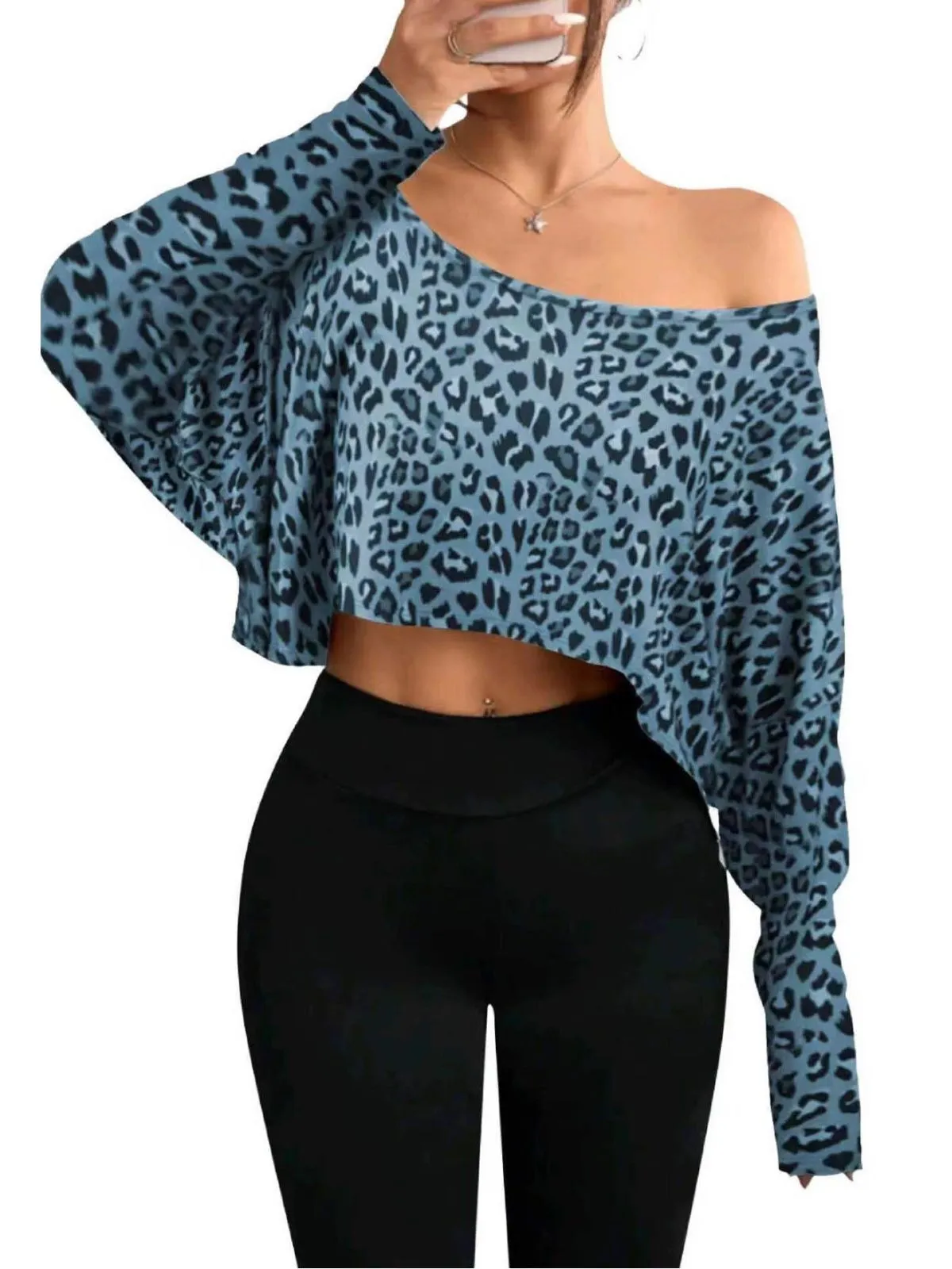Leopard Round Neck Drop Shoulder Crop T-shirt for Daily Wear All Seasons, 1 of 2