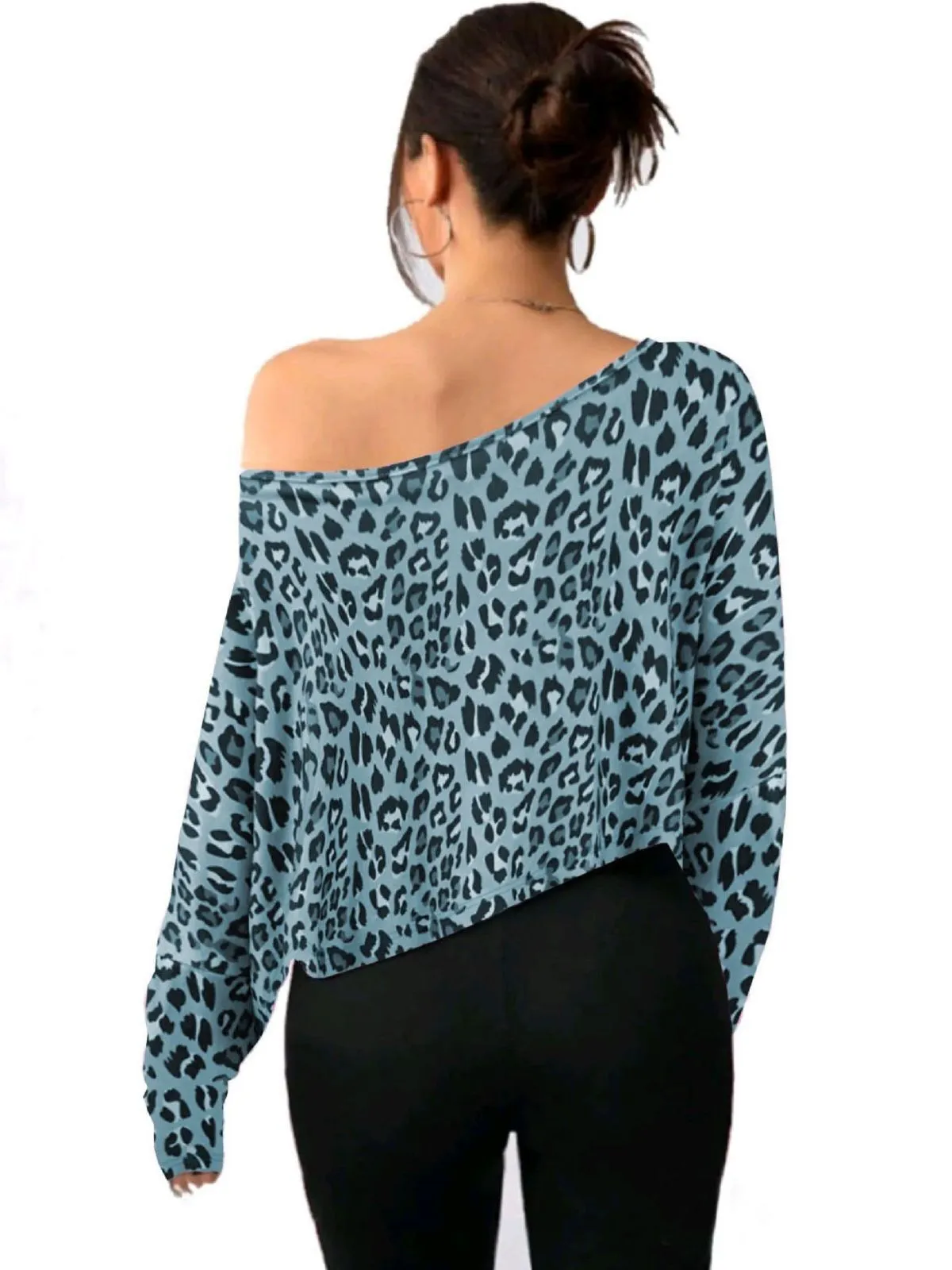 Leopard Round Neck Drop Shoulder Crop T-shirt for Daily Wear All Seasons, 2 of 2