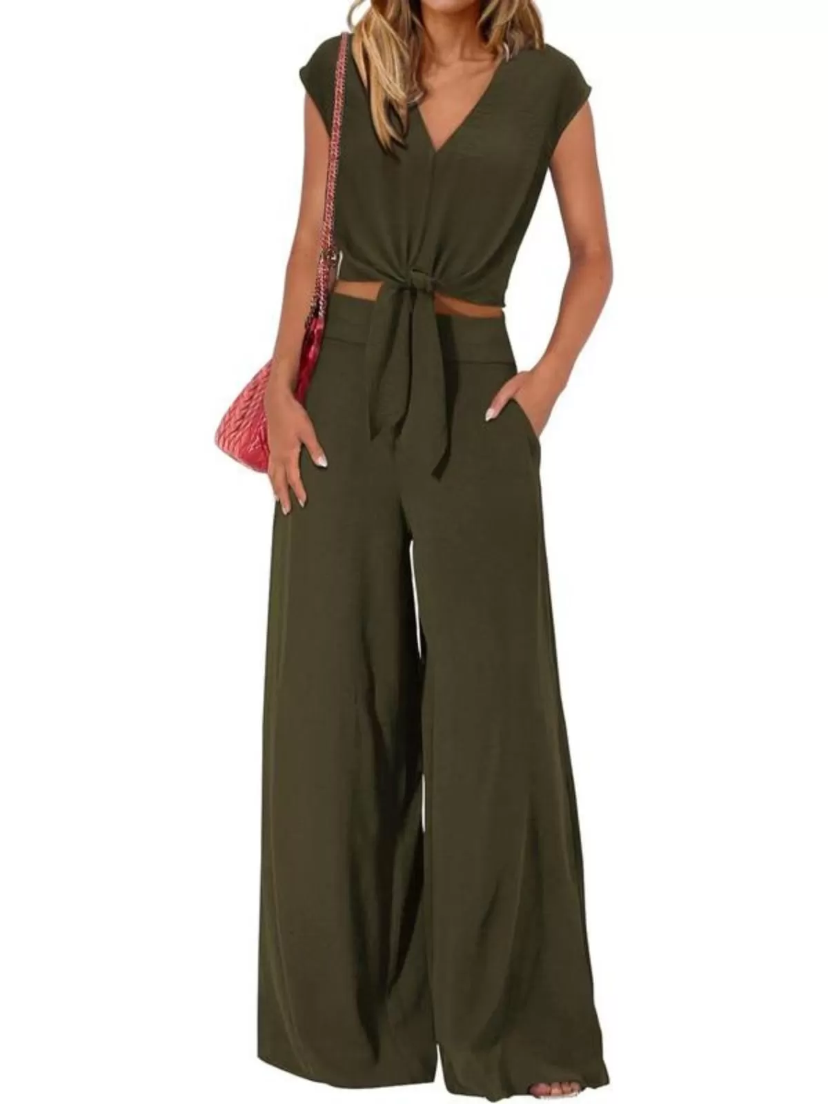 Solid Casual Cap Sleeve Belted V-neck Lace-up Crop Blouse & Solid Wide Leg Pants, 1 of 1