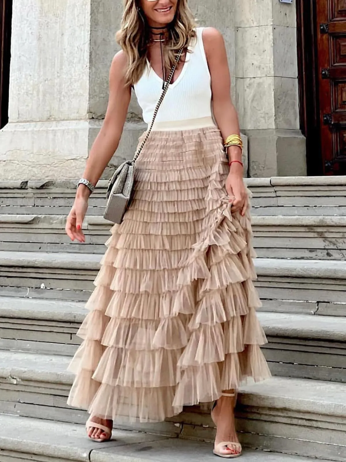 Holiday Party Solid Ruffle Hem Tiered Layer High Waist Long Skirt, 3 of 4