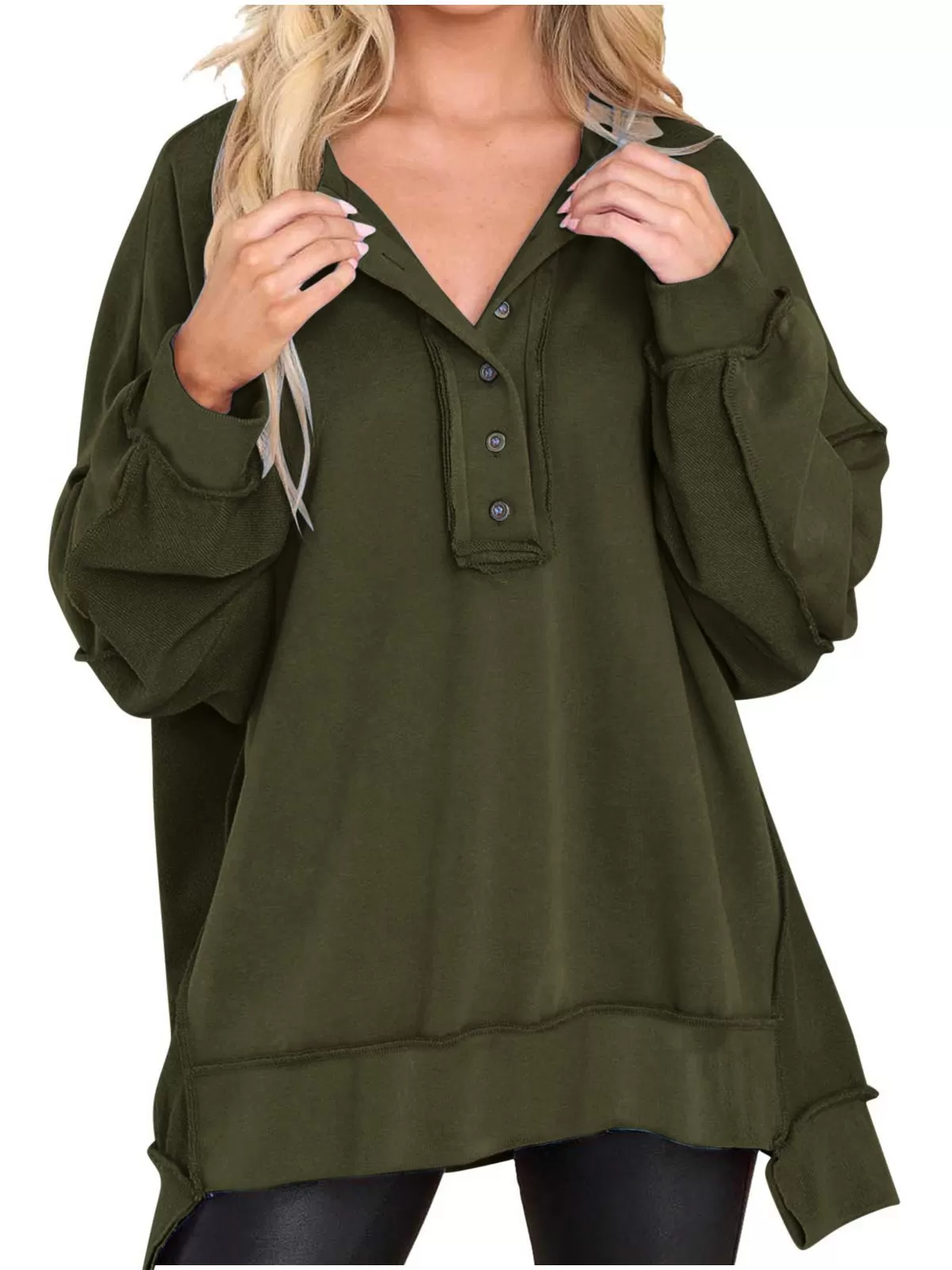 Button Lapel Henley Collar Oversized Pullover Tunic Sweatshirt, 1 of 1