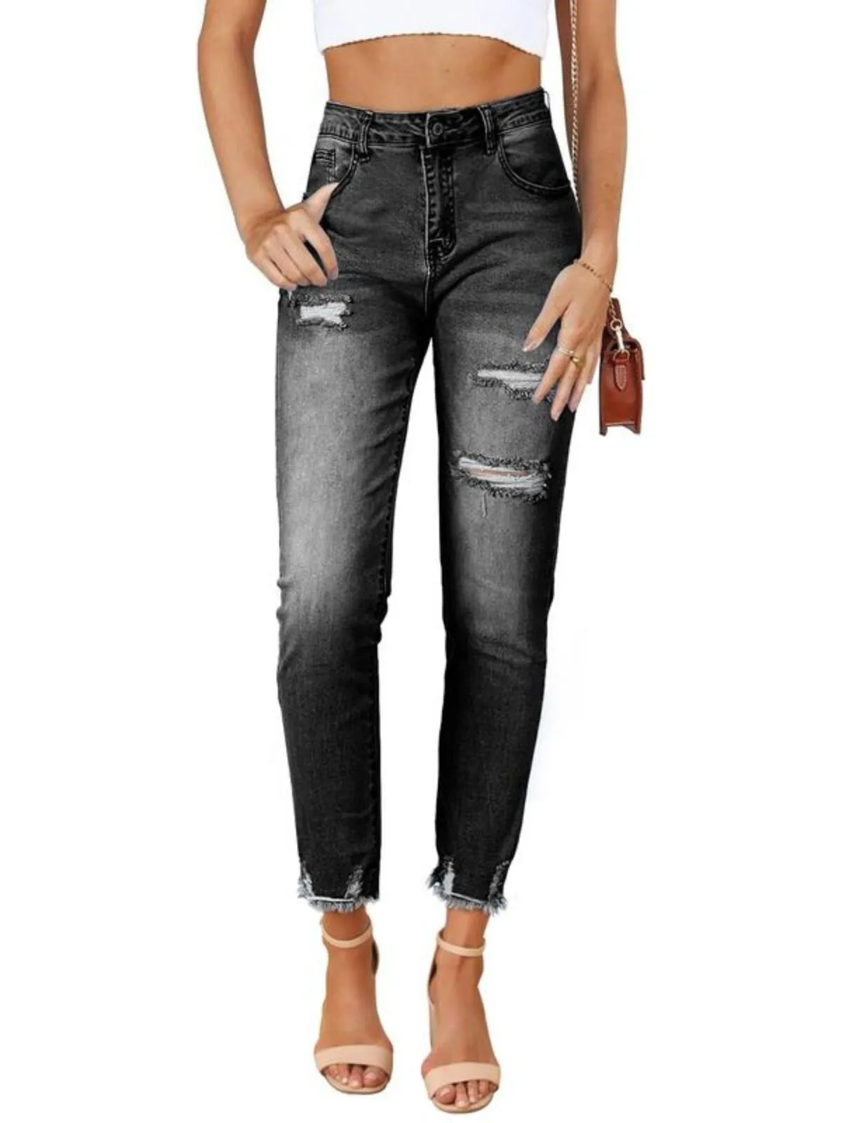 Ripped Boyfriend Distressed Tummy Control Lightweight Stretchy High Waist Plenty Straight Leg Ankle Denim Jeans, 1 of 2
