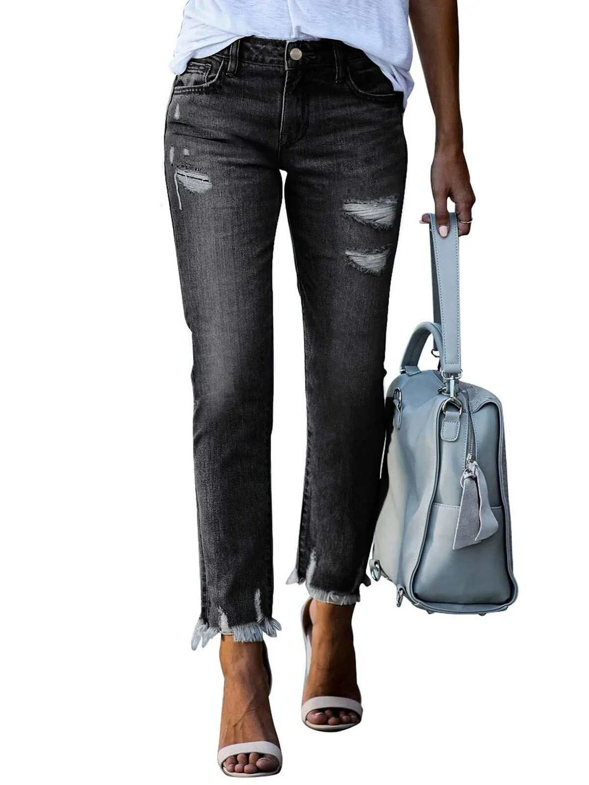Ripped Boyfriend Distressed Tummy Control Lightweight Stretchy High Waist Plenty Straight Leg Ankle Denim Jeans, 2 of 2