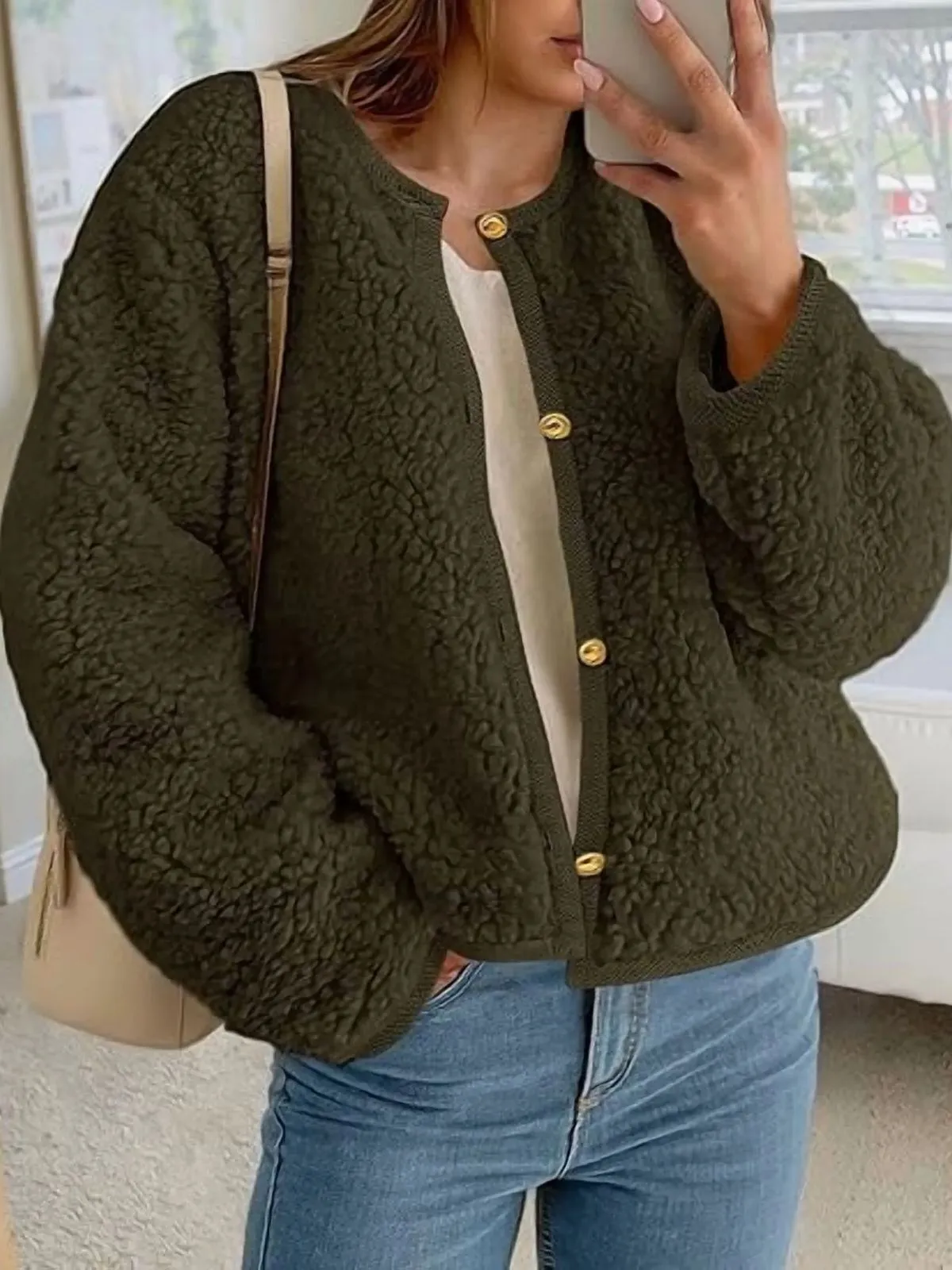 Trendy Cute Solid Button Fuzzy Fleece Teddy Bear Soft Faux Fur Coat, 1 of 5