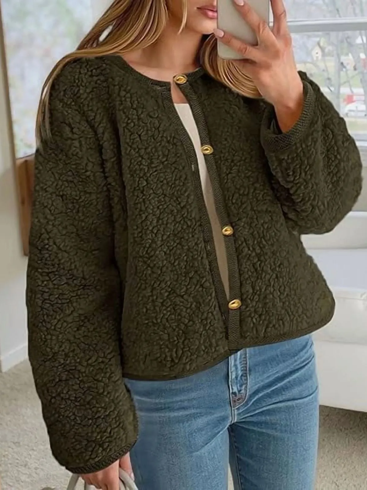 Trendy Cute Solid Button Fuzzy Fleece Teddy Bear Soft Faux Fur Coat, 3 of 5