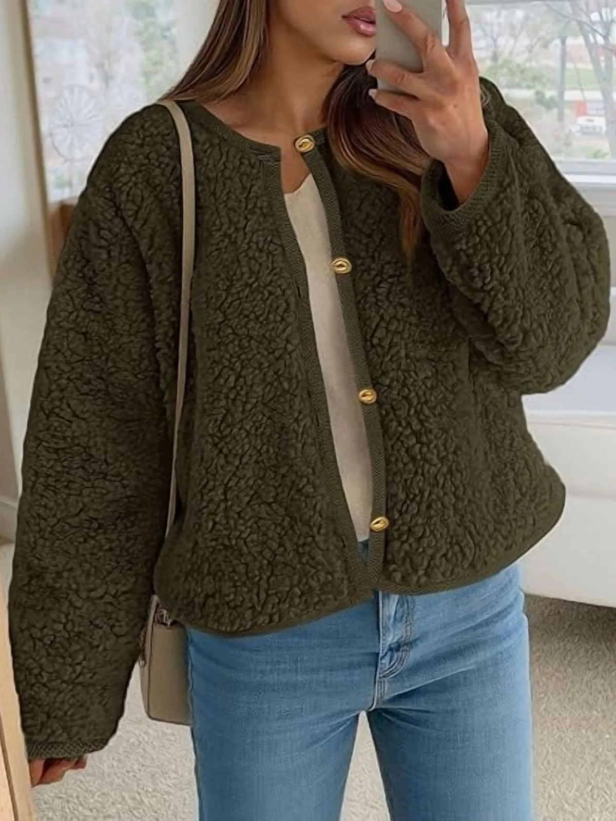 Trendy Cute Solid Button Fuzzy Fleece Teddy Bear Soft Faux Fur Coat, 5 of 5