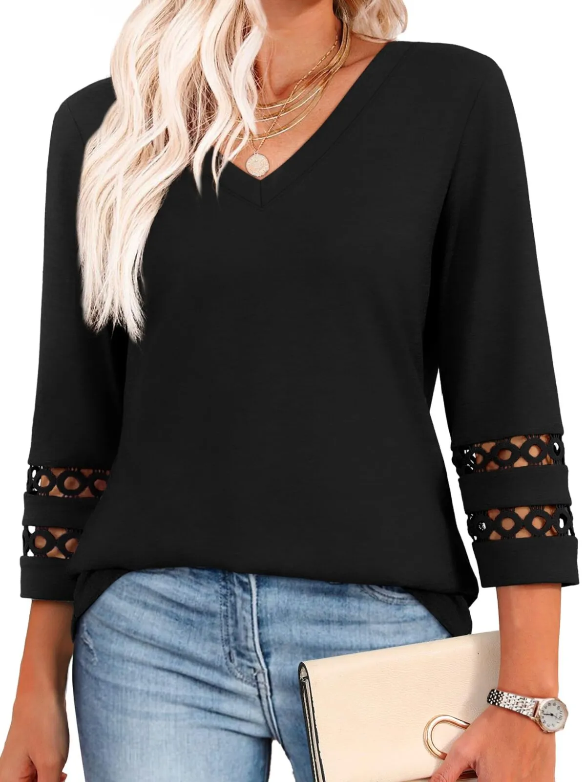 Solid Hollow Out V-neck Dressy Casual Trendy T-shirt, 1 of 3