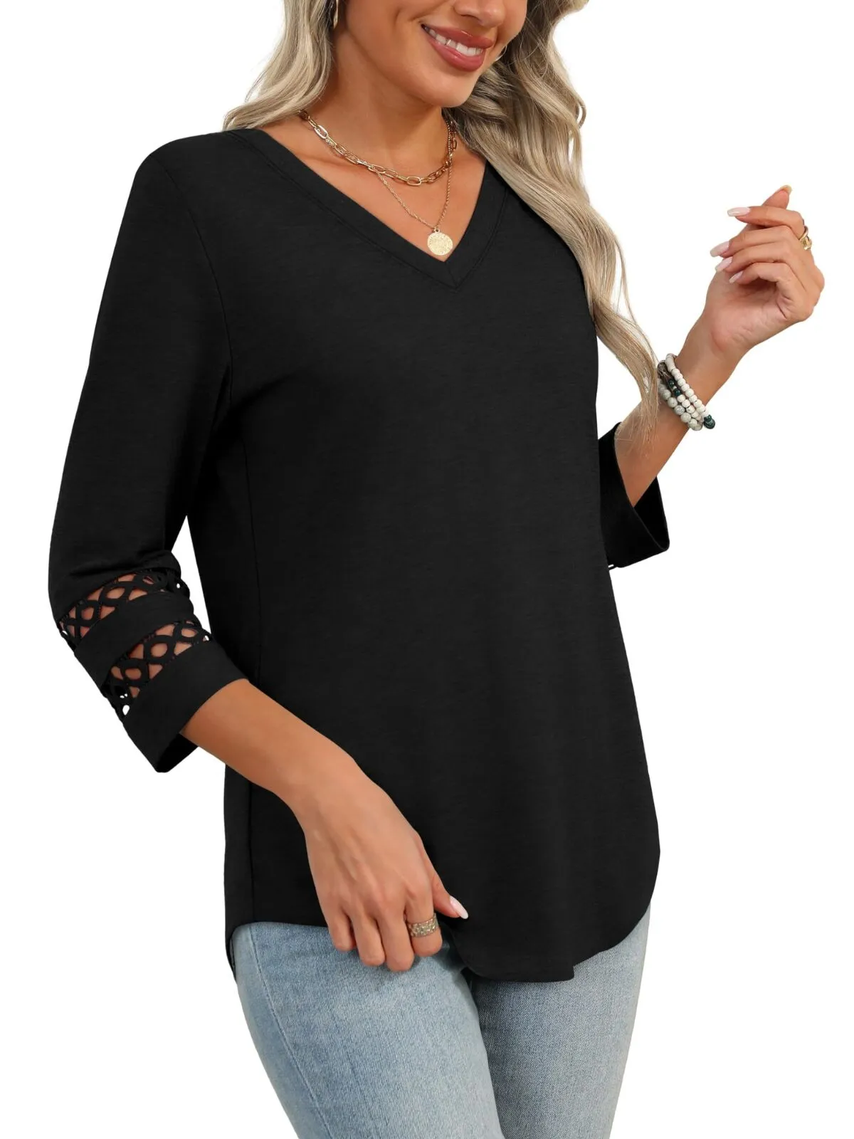 Solid Hollow Out V-neck Dressy Casual Trendy T-shirt, 2 of 3