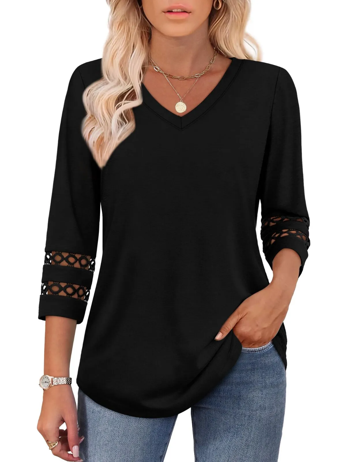 Solid Hollow Out V-neck Dressy Casual Trendy T-shirt, 3 of 3
