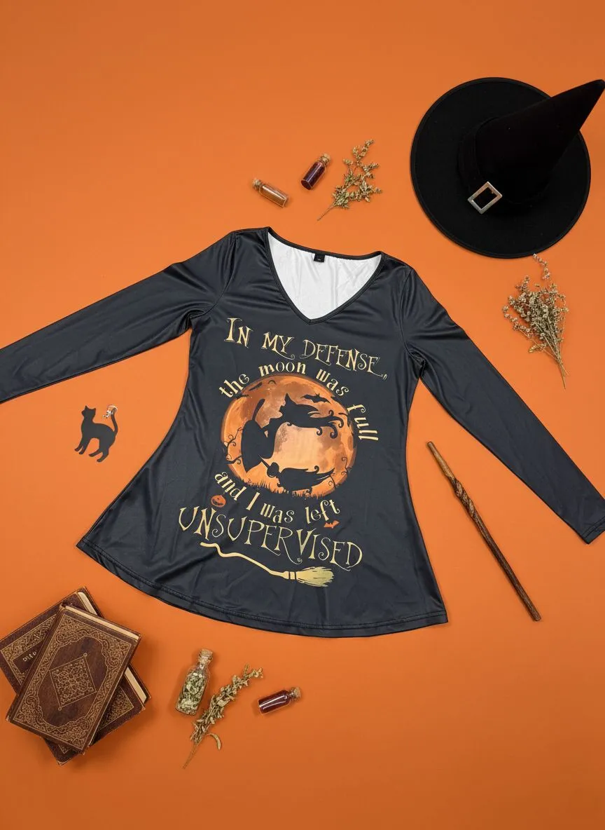 Halloween Pumpkin V-neck Witch Vintage Stylish Basic Long Sleeve T-shirt, 1 of 4