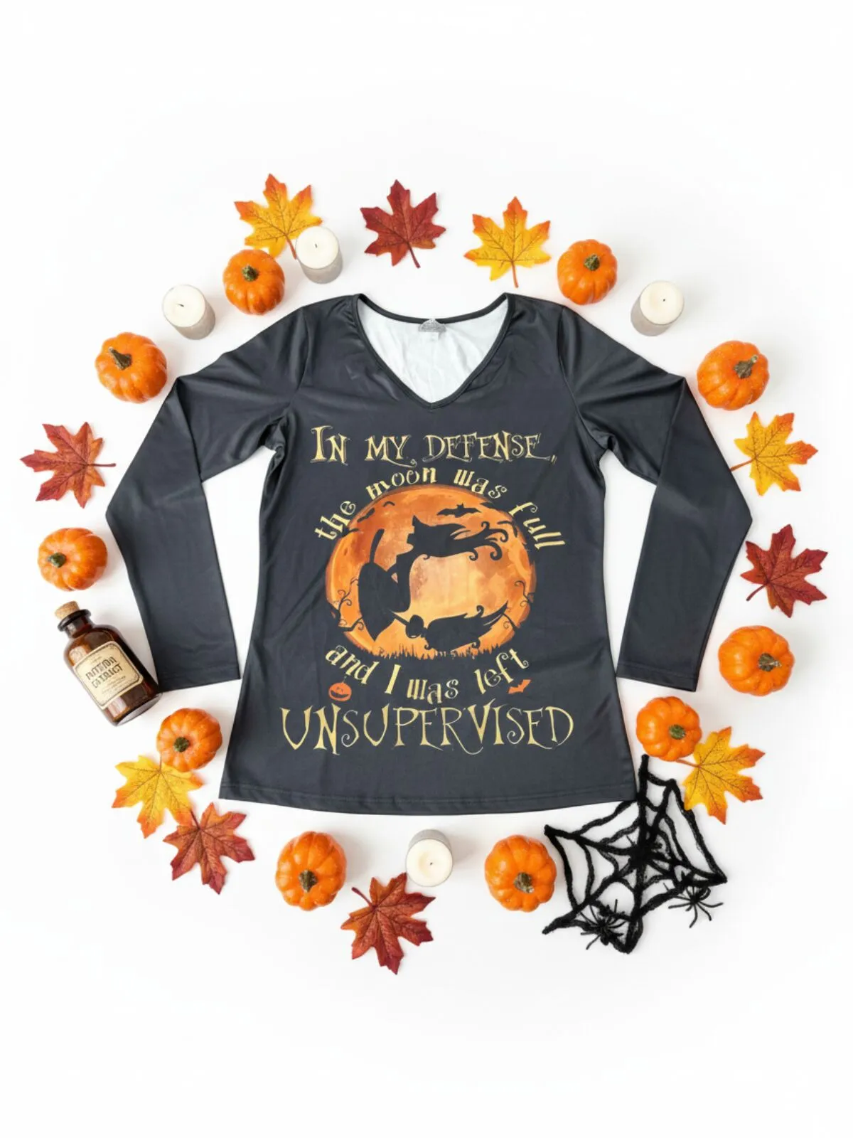 Halloween Pumpkin V-neck Witch Vintage Stylish Basic Long Sleeve T-shirt, 3 of 4