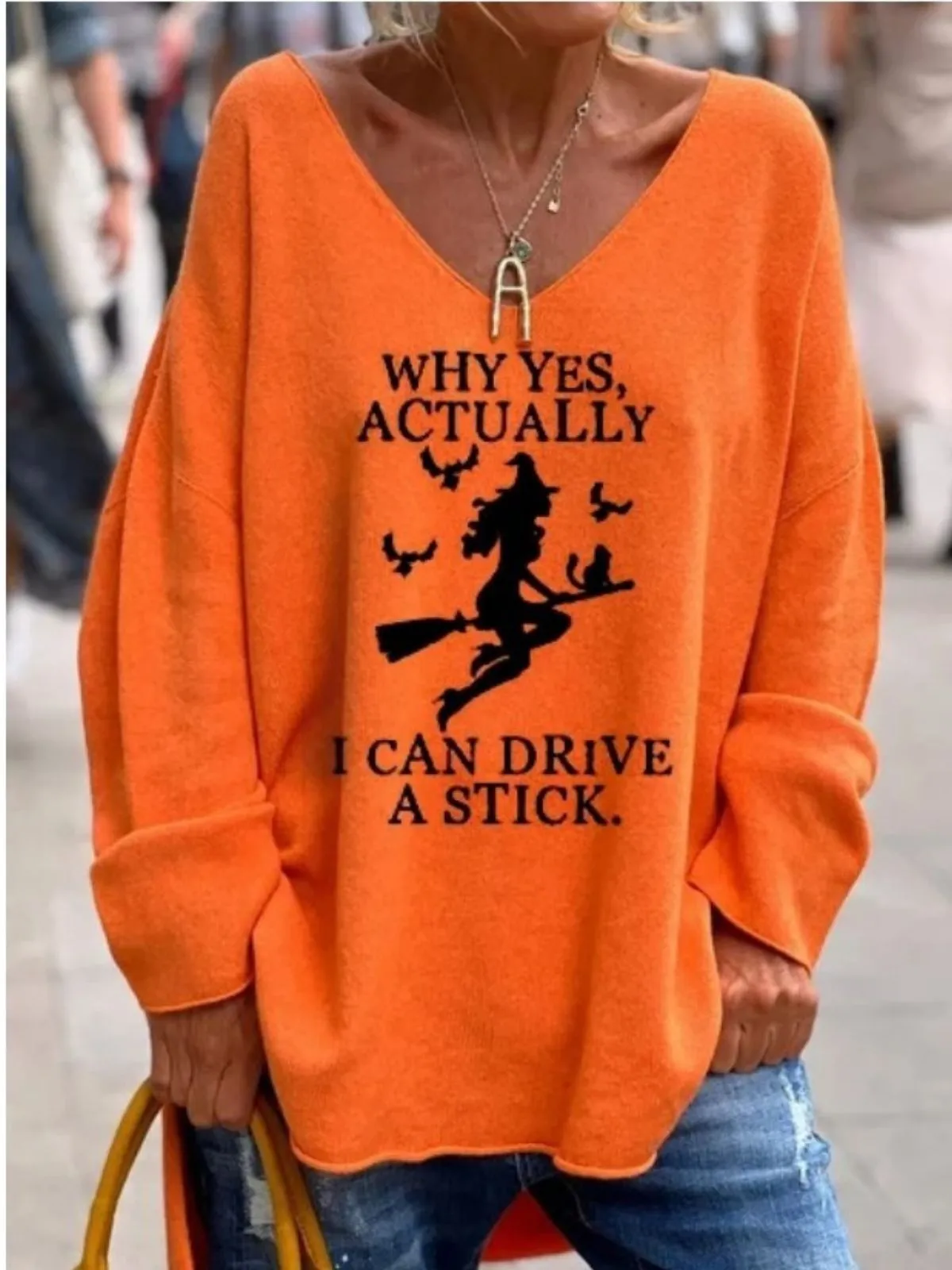 Halloween Why Yes Actually I Can Drive a Stick V-neck Drop Shoulder T-shirt, 1 of 3