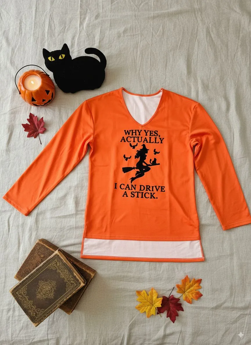 Halloween Why Yes Actually I Can Drive a Stick V-neck Drop Shoulder T-shirt, 3 of 3