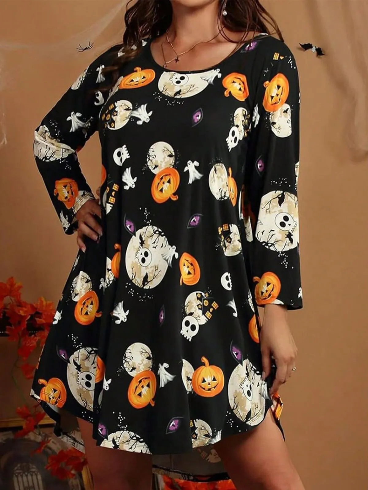 Halloween Pumpkin Round Neck Tunic Dress, 1 of 3