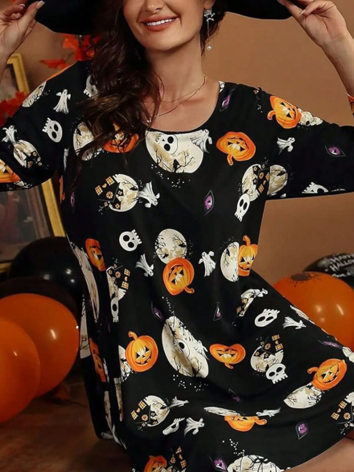Halloween Pumpkin Round Neck Tunic Dress, 2 of 3