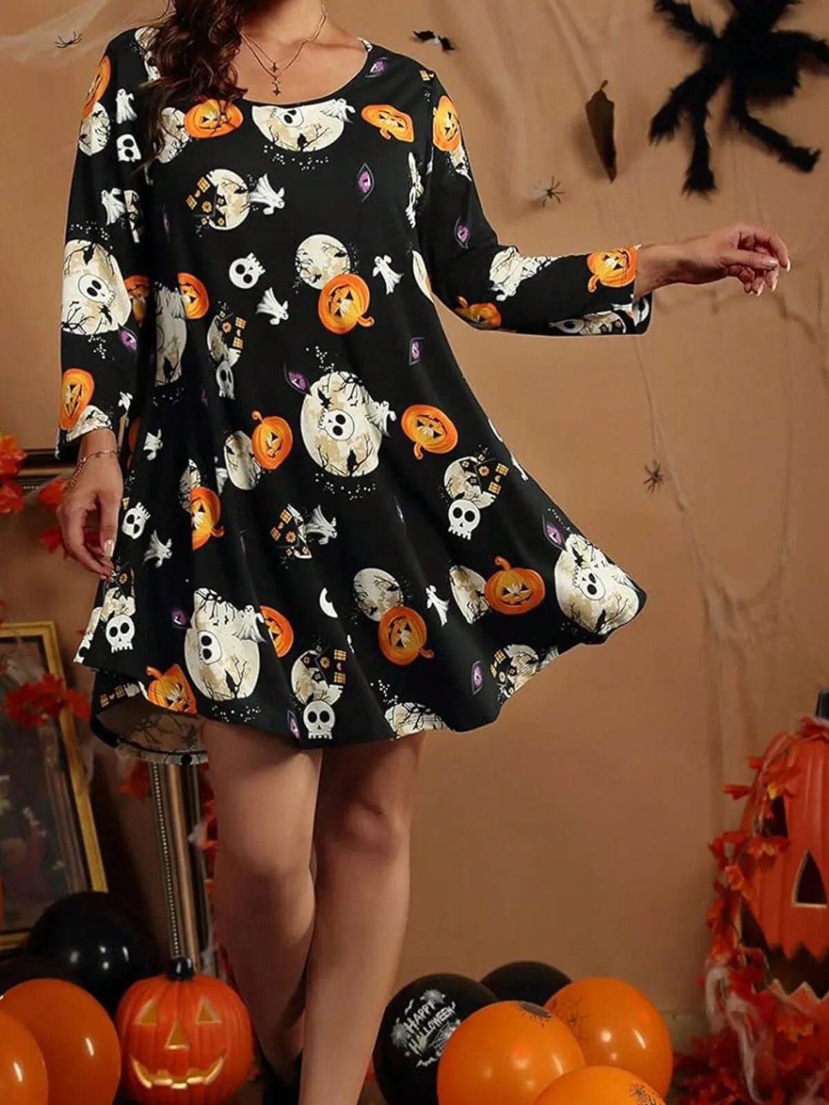 Halloween Pumpkin Round Neck Tunic Dress, 3 of 3
