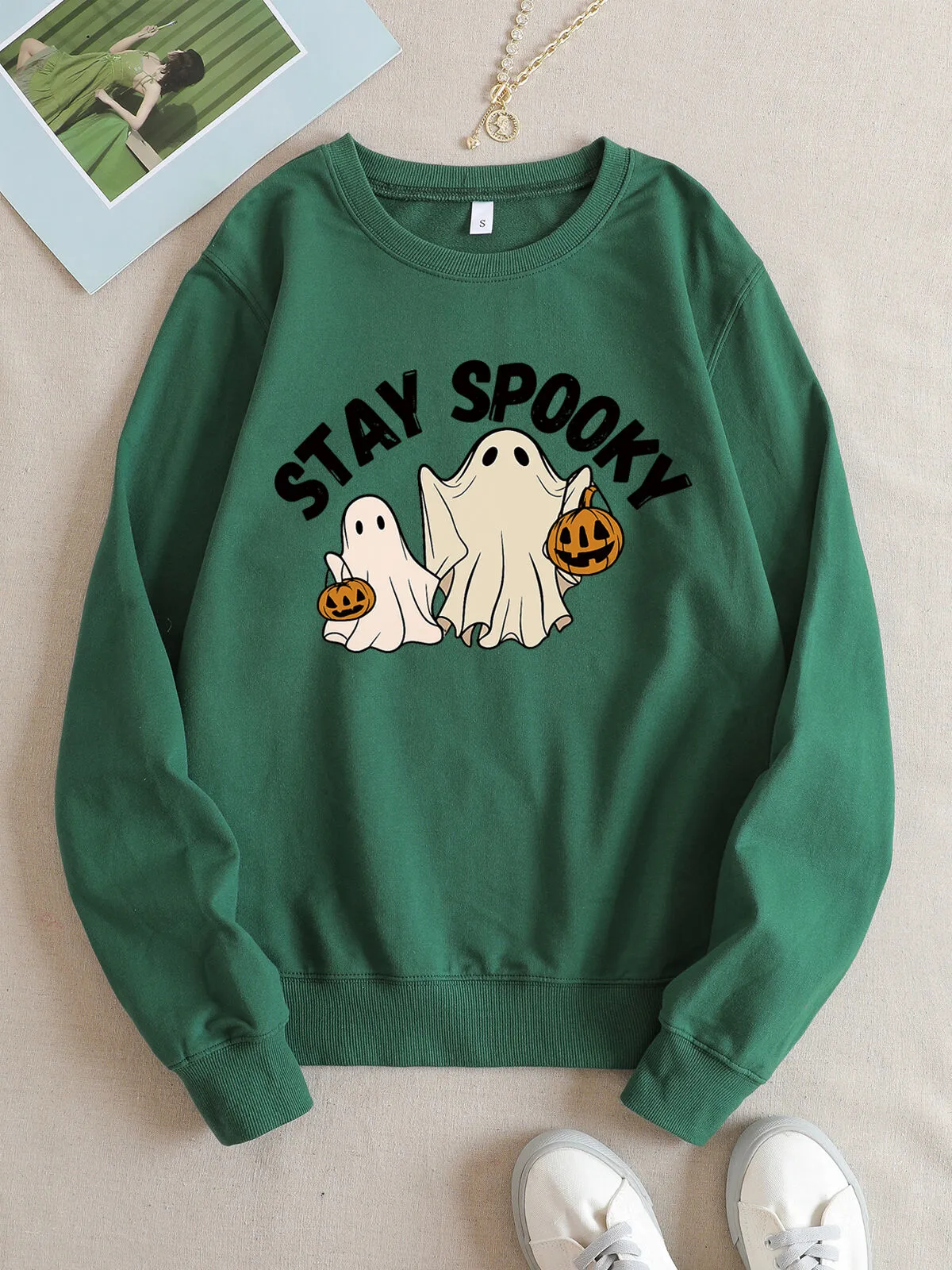 Halloween Ghost Print Pullover Round Neck Sweatshirt, 1 of 4
