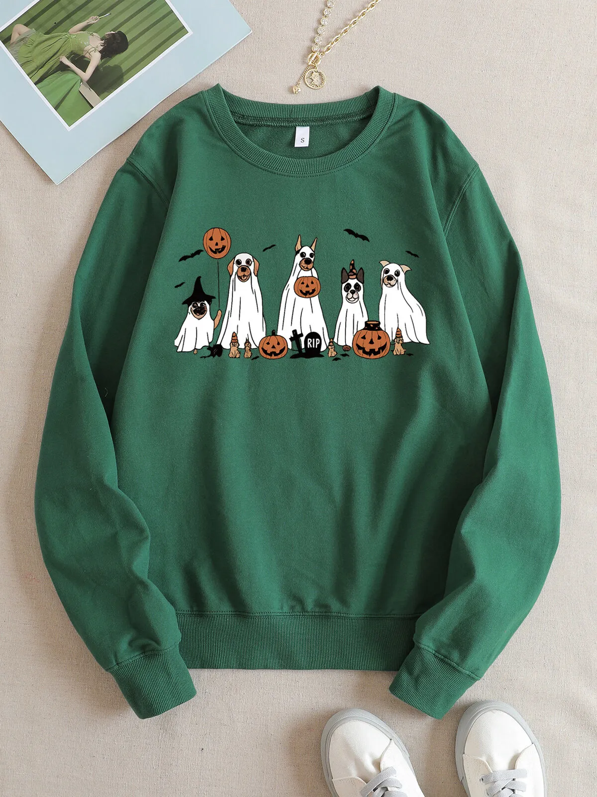 Halloween Round Neck Pumpkin Ghost Pullover Sweatshirt, 2 of 4