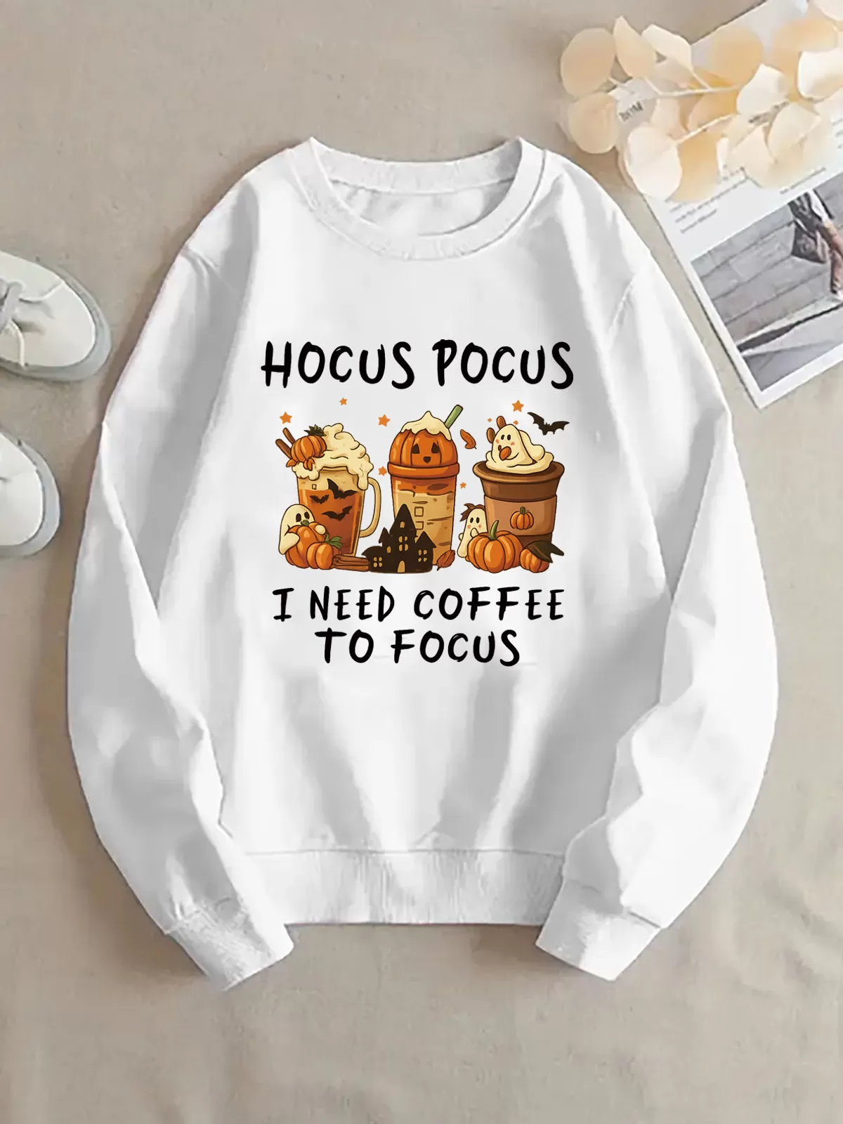 Halloween Coffee & Pumpkin Graphic Round Neck Hocus Pocus I Need Coffee to Focus Sweatshirt, 1 of 4