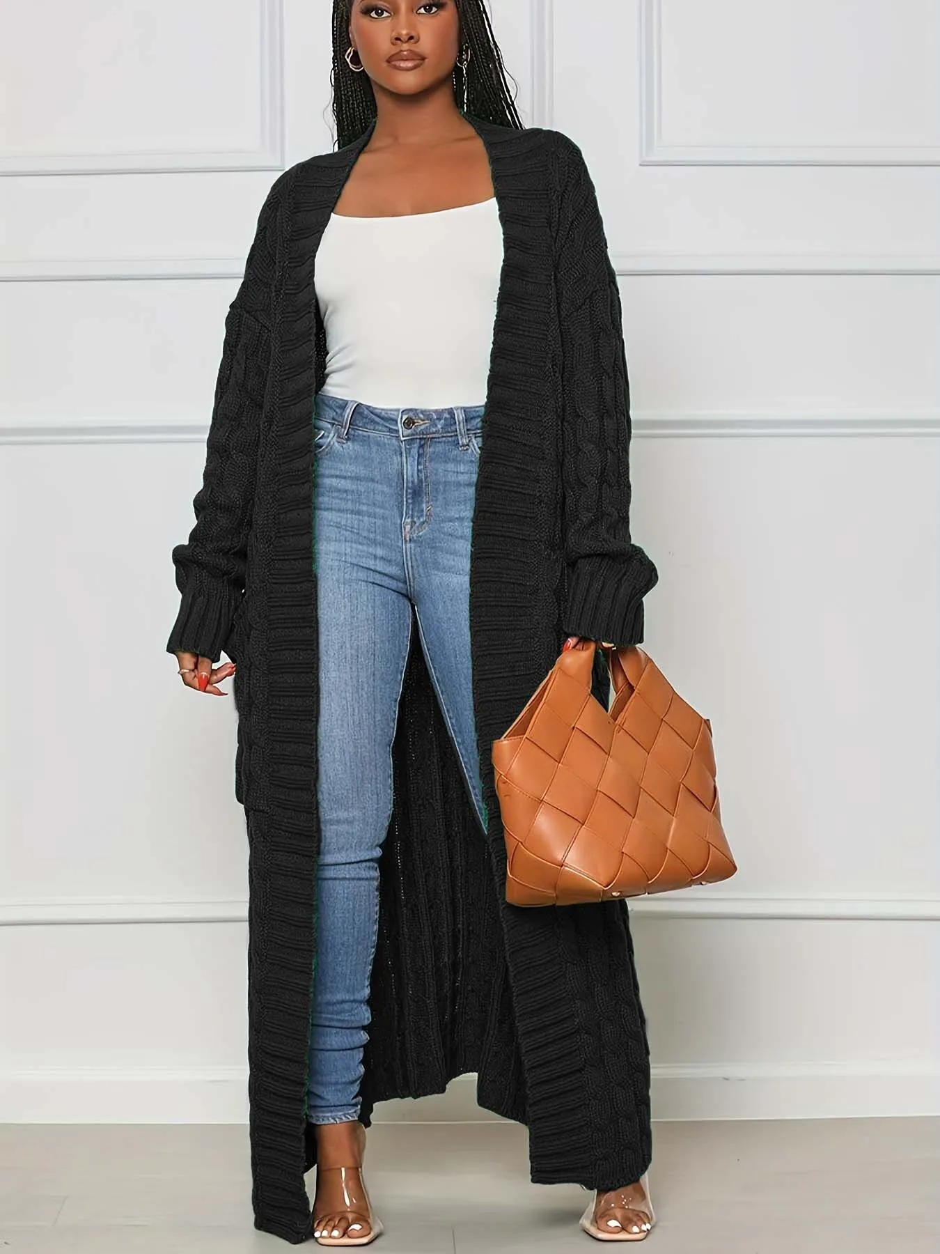 Solid Textured Drop Shoulder Pocket Cape Cardigan Casual Open Front Knitwear for Fall & Winter, 1 of 4