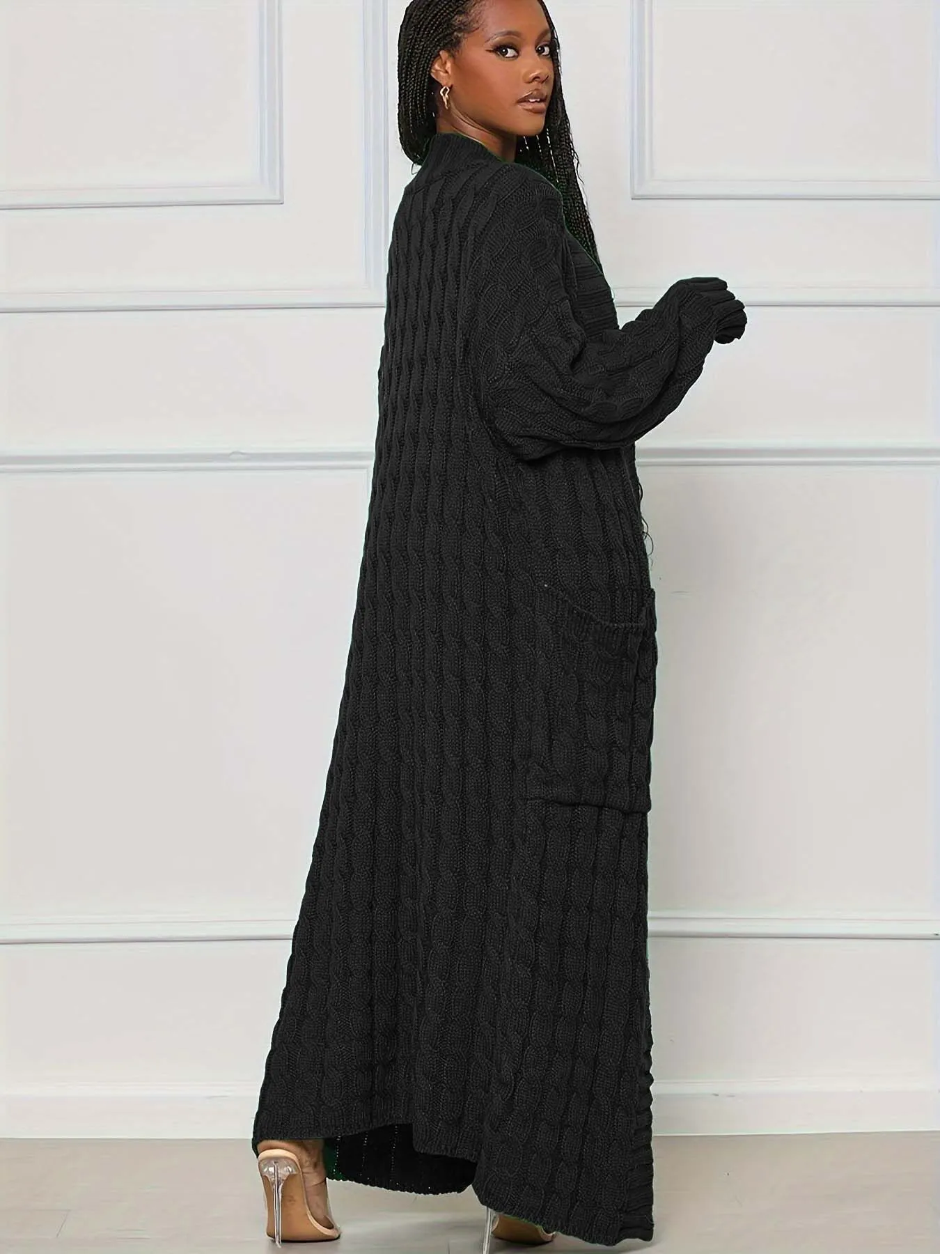 Solid Textured Drop Shoulder Pocket Cape Cardigan Casual Open Front Knitwear for Fall & Winter, 2 of 4