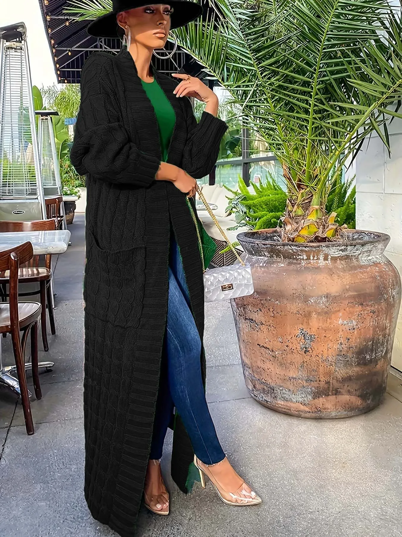 Solid Textured Drop Shoulder Pocket Cape Cardigan Casual Open Front Knitwear for Fall & Winter, 3 of 4