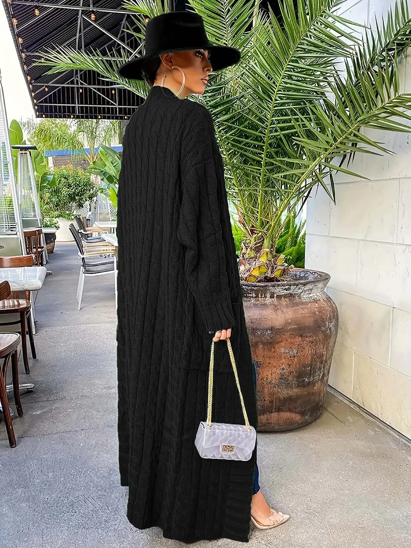 Solid Textured Drop Shoulder Pocket Cape Cardigan Casual Open Front Knitwear for Fall & Winter, 4 of 4