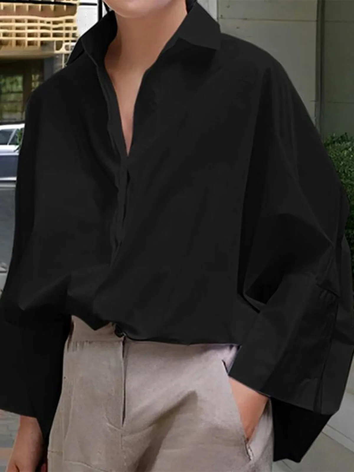 Solid Lapel Drop Shoulder Loose and Simple Blouse Oversized Versatile Commuting, 1 of 3