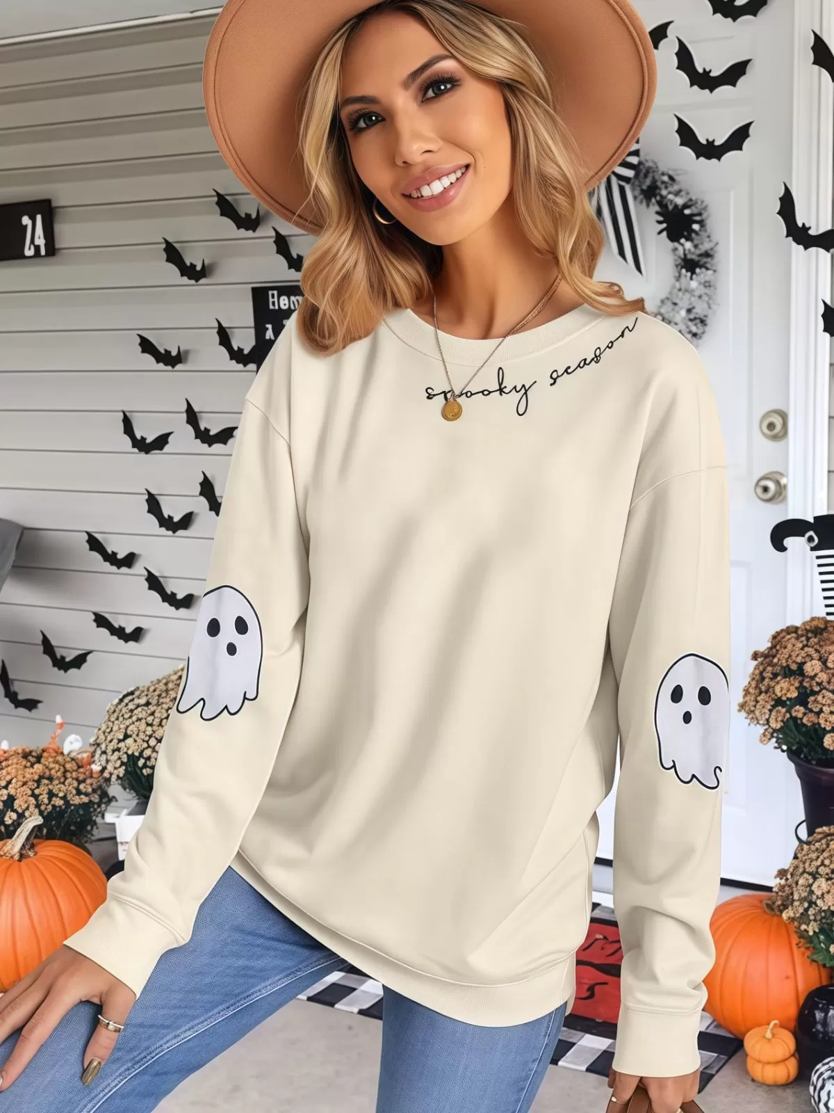 Halloween Graphic Spooky Ghost Round Neck Casual Sweatshirt, 1 of 6