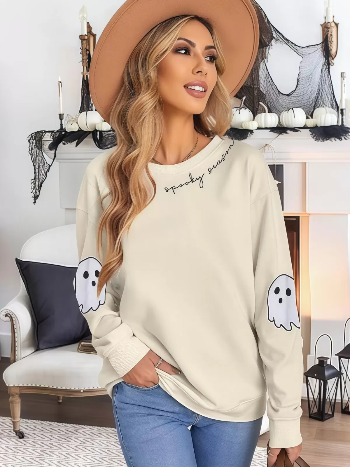 Halloween Graphic Spooky Ghost Round Neck Casual Sweatshirt, 5 of 6