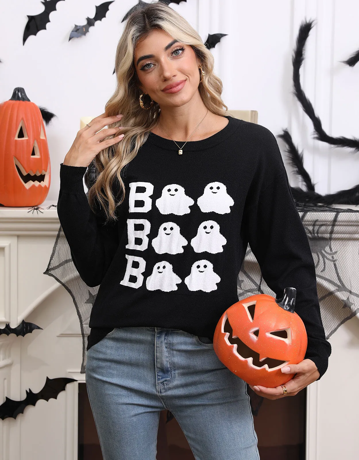 Halloween Rib-knit Cute Ghost Round Neck Pullover Sweater, 1 of 9