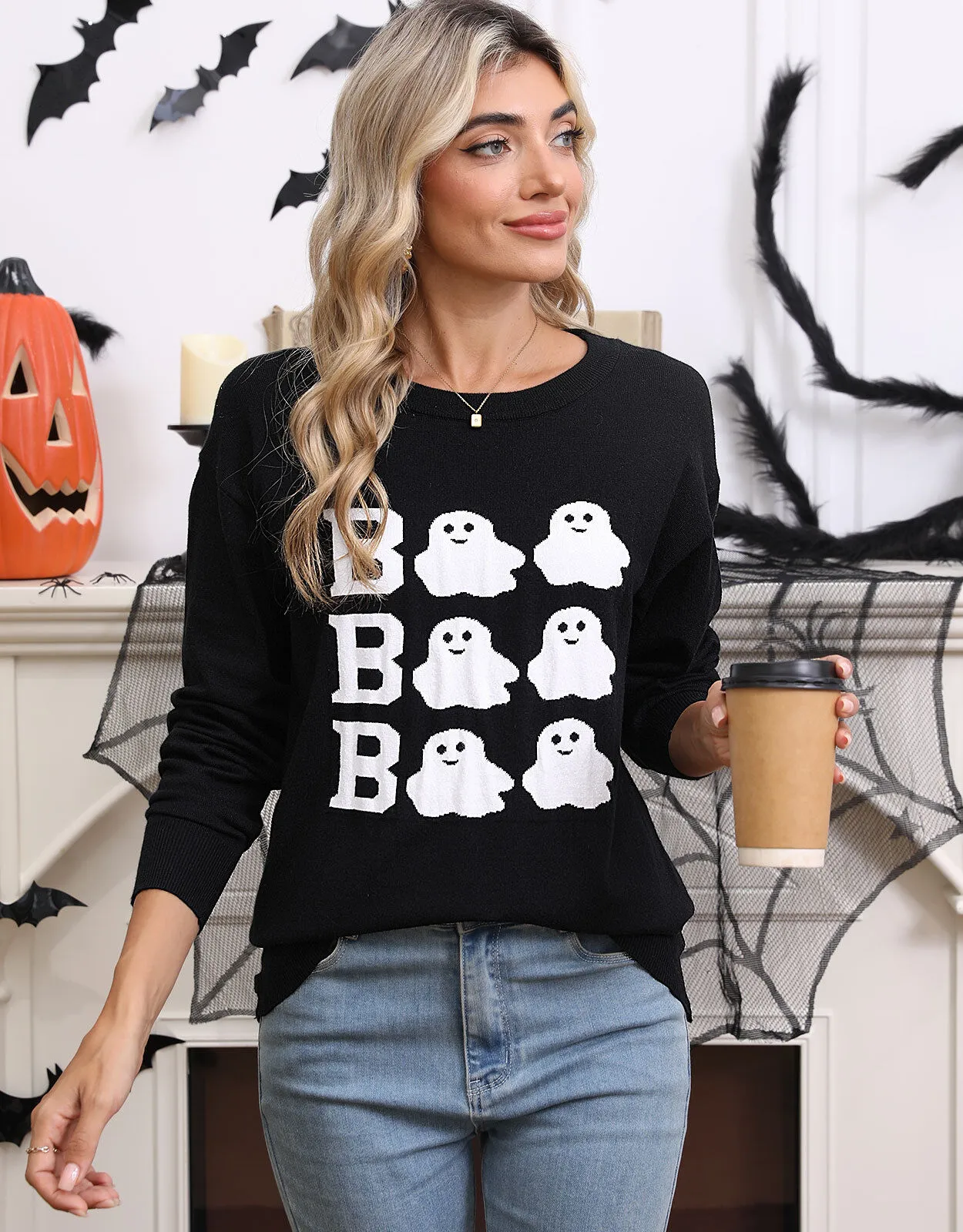 Halloween Rib-knit Cute Ghost Round Neck Pullover Sweater, 4 of 9