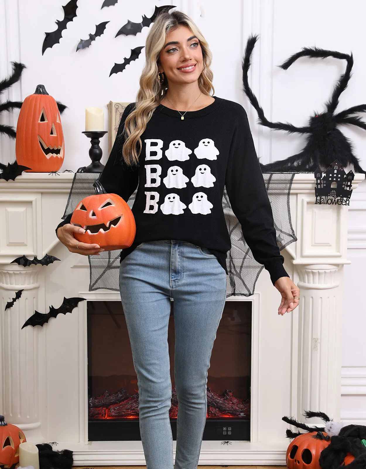 Halloween Rib-knit Cute Ghost Round Neck Pullover Sweater, 5 of 9